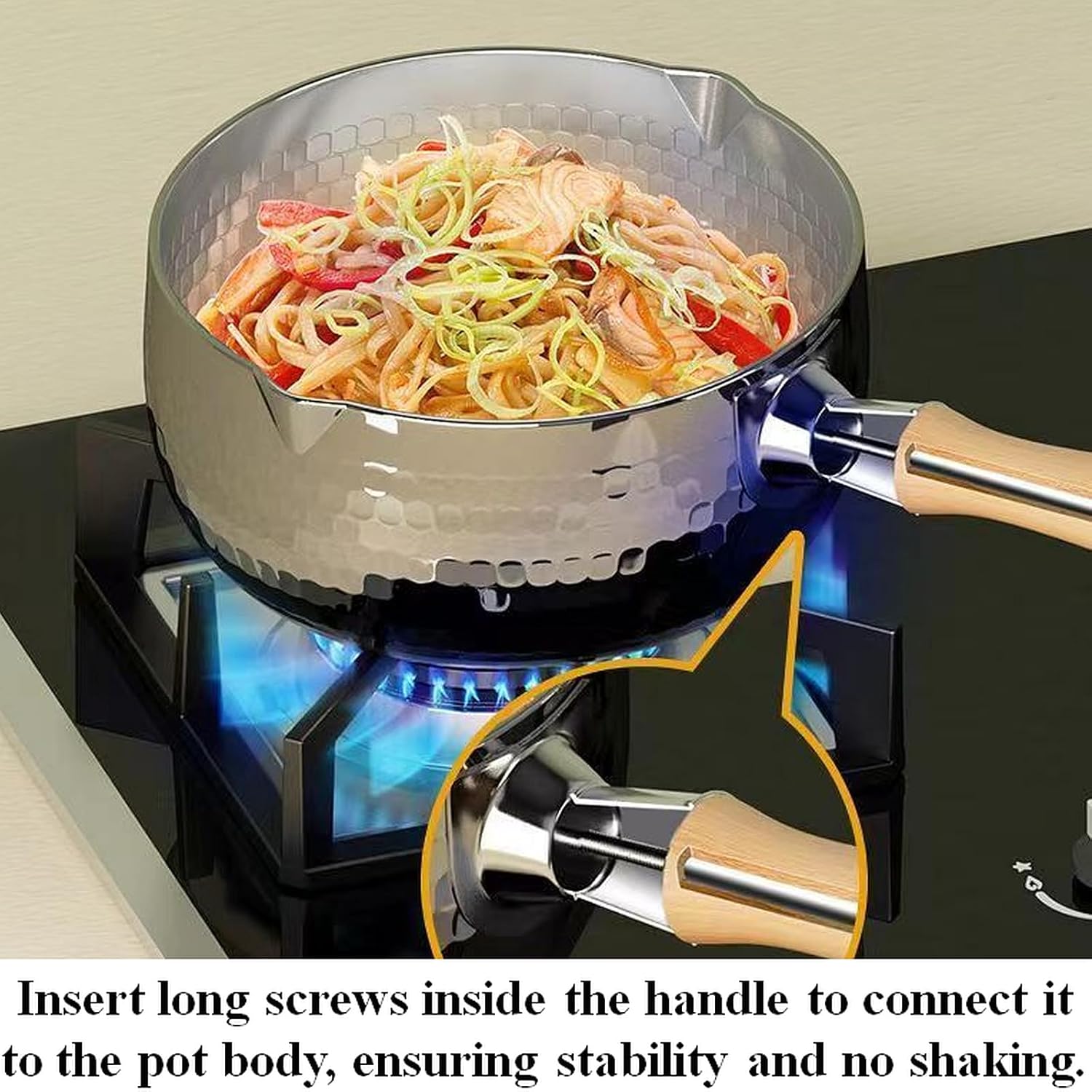 Thickened 304 Stainless Steel Pot, Solid Wood Anti Scald Handle With Hook, Multifunctional Sauce Pot with Inverted Mouth, Milk Pot, Cooking Pot (1.7 Quarts)