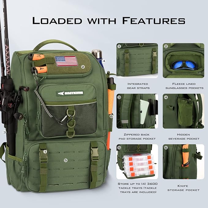 KastKing Karryall Fishing Tackle Backpack with Rod Holders 4 Tackle Boxes,40L Fishing Bag Storage Fishing Gear and Equipment