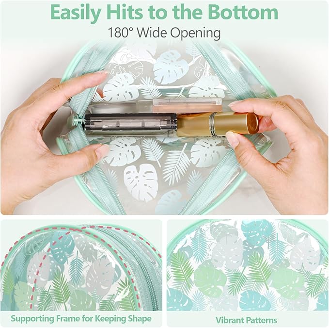 PACKISM TSA Approved Toiletry Bag - Light Green Turtle Leaves Print Clear Shell Bag and Upgrade Color-Edged Clear Toiletry Bags, Perfect for On the Go or Travel, Lightweight and Robust, 2 Pack