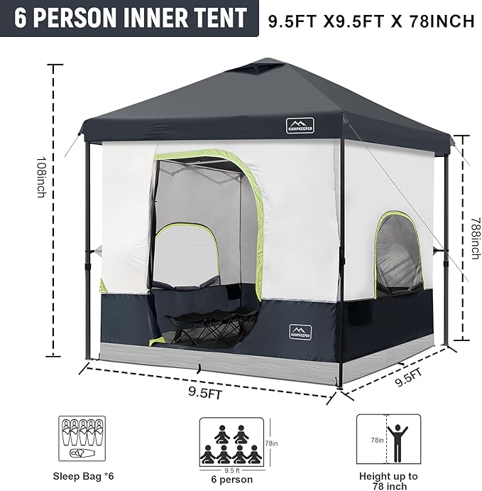 KAMPKEEPER 6 Person Camping Tent, 10x10 Pop Up Canopy Tent with Camping Inner Tent, Converts 10'x10' Straight Leg Canopy into Camping Tent–Fully Vented Roof(Canopy & Frame Included)