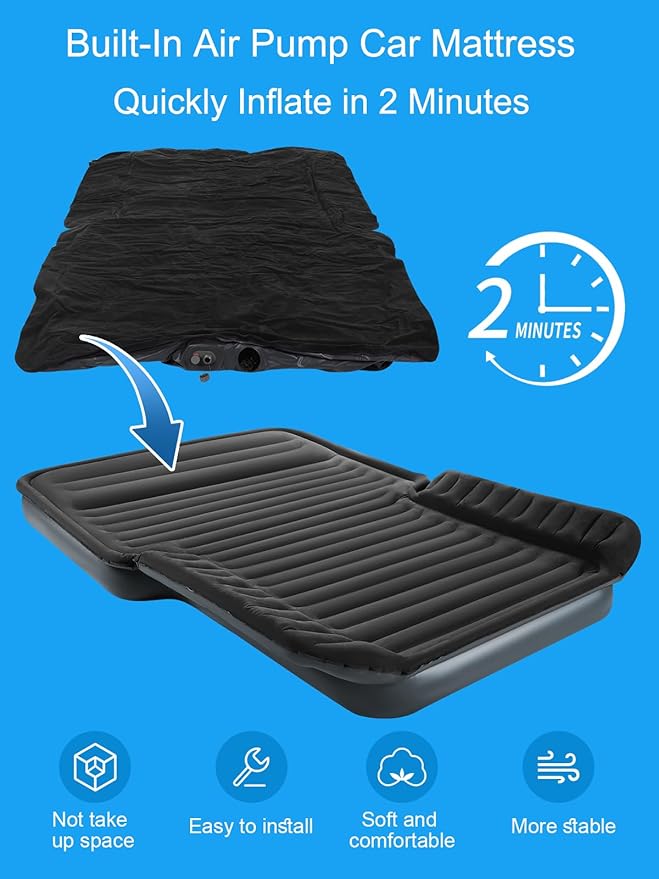 Upgraded SUV Air Mattress with Cordless Built-in Pump & 'Mattress Wings', 7-inch Height car Mattress | Car Camping for Mid/Large SUV, Minivan, Truck | 660 lb Capacity