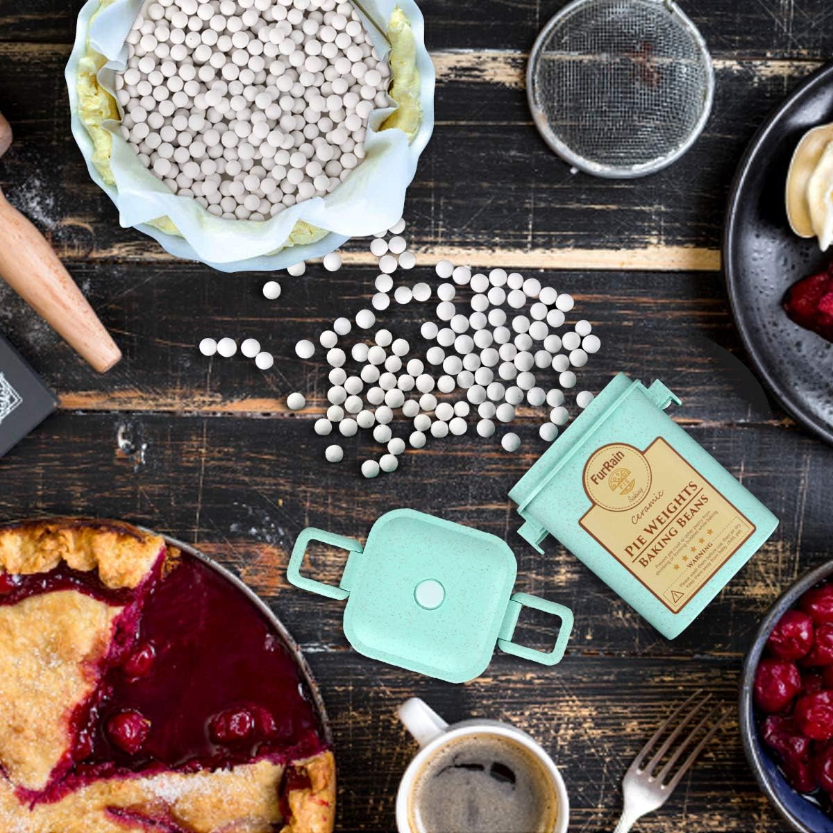 Ceramic Pie Weights Reusable 10mm Baking Beans Pie Crust Weights Natural Ceramic Stoneware with Wheat Straw Container