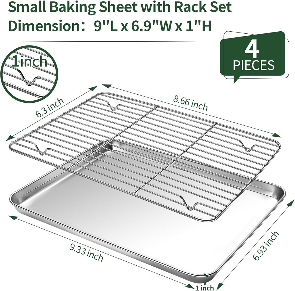 Small Baking Sheet with Cooling Rack Set [2 Baking Pans + 2 Wire Racks], CEKEE Stainless Steel Cookie Sheets for Baking, Heavy Duty & Dishwasher Safe Baking Sheets for Oven, Size 9 x 7 x 1 Inch