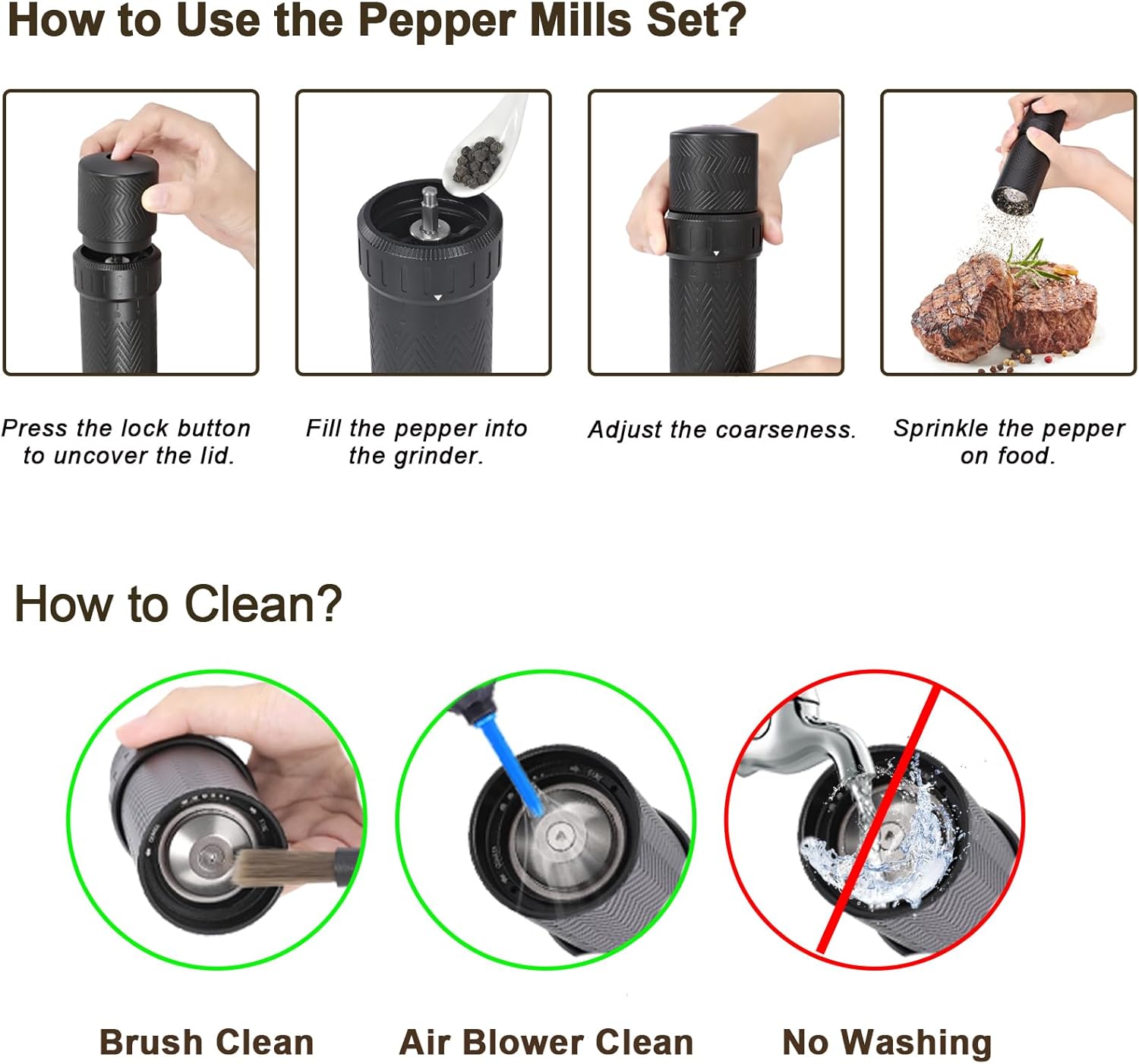 Heavy Duty Manual Pepper Grinder with More Pepper Output, Professional Grade Pepper Mill Refillable Set and Coarseness Can Be Adjusted Externally