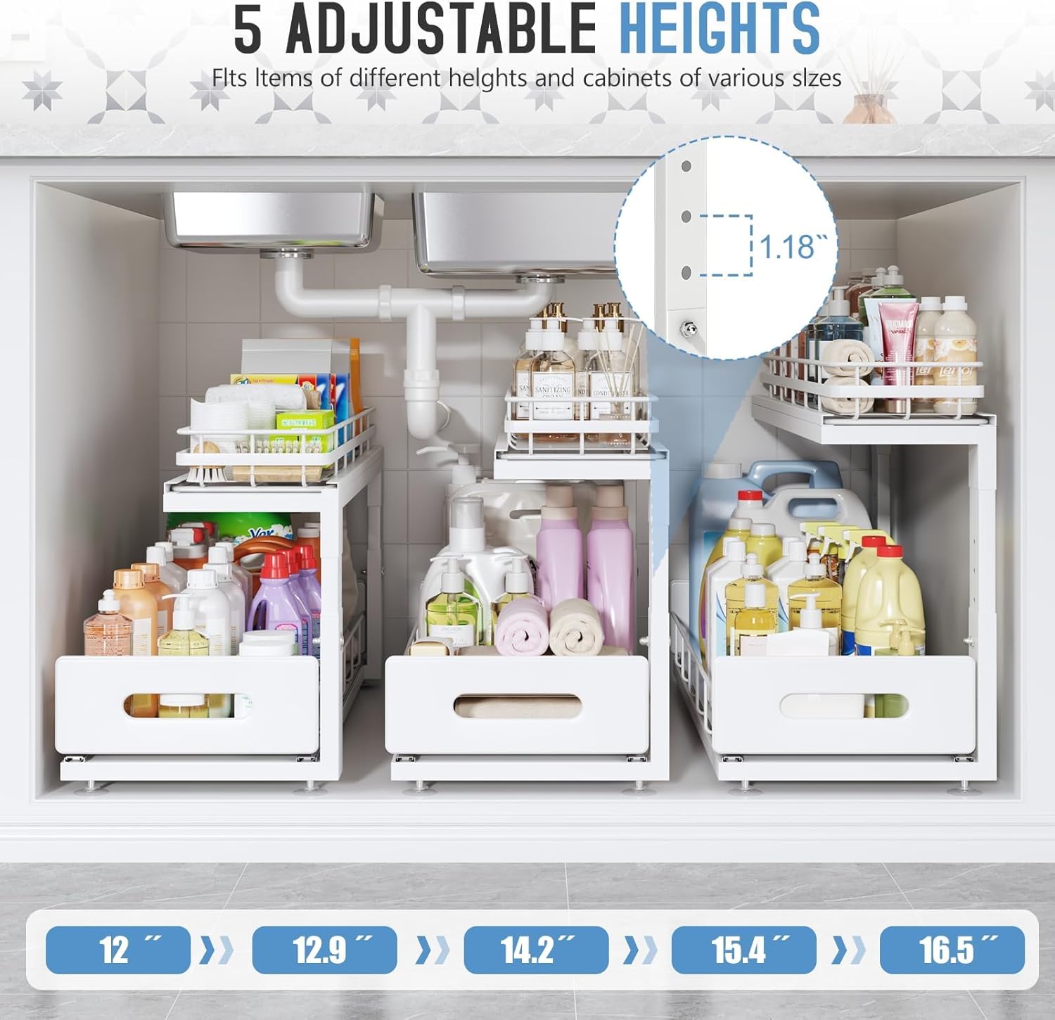 2 Pack 21 IN Depth Pull Out Cabinet Storage With Smooth Rails,2-Tier Dual Pull Out Cabinet Storage For Bathroom Kitchen,Under Sink Shelf-White