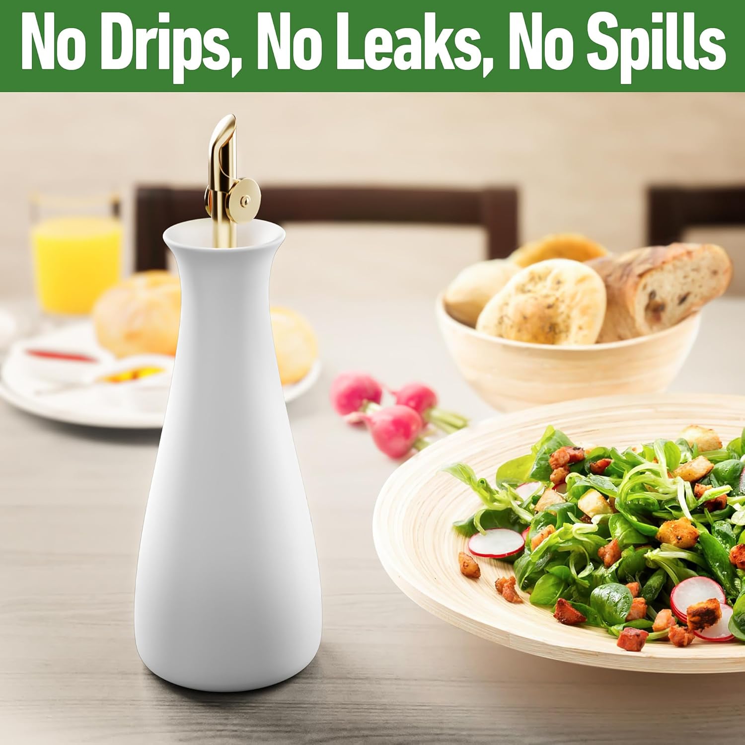 Ceramic Olive Oil Dispenser with Self-Closing Gold Spout - 530 ML Capacity Matte White Ceramic Oil Dispenser for Kitchen - Leak Proof EVOO Dispensing Bottle - Stylish, Ergonomic, Durable, Easy Pour