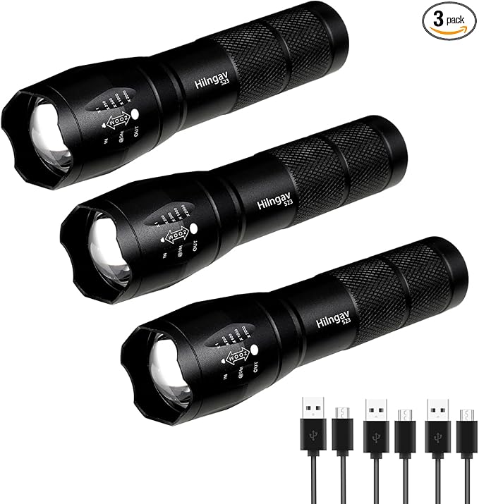 3 Pack LED Rechargeable Flashlight, Super Bright Small MiniCamping Flashlights Zoomable Beam, Convenient USB C Charging for Camping Hiking Outdoor Home Emergency