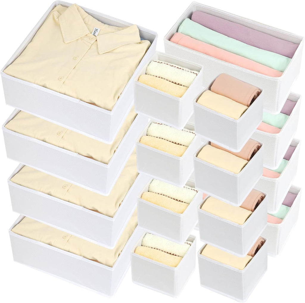 16 Pcs Drawer Organizer,Fabric Closet Organizer and Storage Baskets,Foldable Drawer Divider for Clothing,Sock,Ties,Underwear Drawer Organizers,Cabinet Storage Boxes (White)