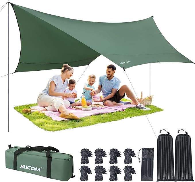 Camping Tarp, 14 X 12FT Tarp with 2 Poles, Waterproof & Lightweight Tent Tarp Car Awning, UV UPF50+ Rain Fly Sun Shelter Can Used with Hammock in Outdoor, Garden and Backpacking