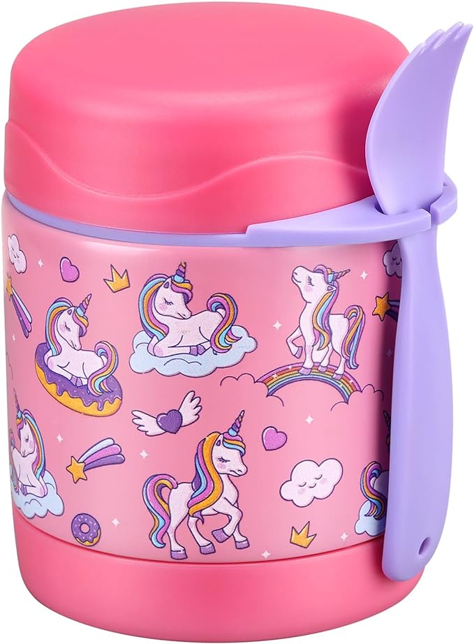 10oz Soup Thermo for Hot Food Kids Insulated Food Jar,Thermo Hot Food Lunch Container, Width Mouth Stainless Steel Lunch Box for Kids with Spoon (Pink-Cute Horse)