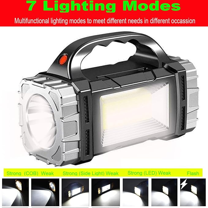Solar Rechargeable LED Spotlight Searchlights, Super Bright 7000LM Handheld LED Searchlight, Multi-functional Portable Lamp Camping Lantern Flashlight, 8 Light Modes, Power Bank, IPX4 Waterproof