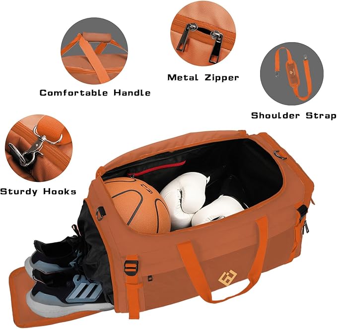 Eackrola Large Sports Gym Bag, Travel Duffel bag with Wet Pocket & Shoes Compartment for men women, 65L, Lightweight（Orange）