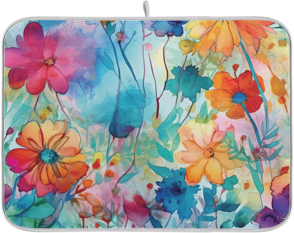 Colorful Beautiful Flowers Dish Drying Mat for Kitchen Counter Absorbent Microfiber Drying Pad, Large 18x24 in, Reversible Drainer Mats
