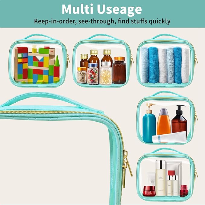 TSA Approved Travel Toiletry Bag,3 Pack Clear Makeup Bags with Handles,Quart Size Clear Cosmetic Bags for Traveling Women,Men,Carry on Airport Airline Compliant Bag,Green