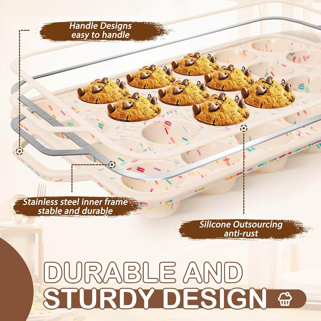 Silicone Mini Muffin Pan, 24 Cups Muffin Tin Baking Mold With Reinforced Stainless Steel Frame Inside, Nonstick Bakeware Cupcake Pan BPA Free
