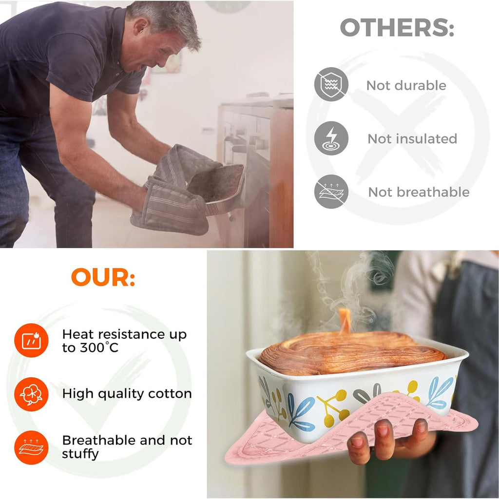 2 Pcs Oven Mitts for Kitchen Heat Resistant Oven Gloves, Soft Cotton Lining, Anti-Slip Silicone Stripe Oven Mitts Heat Resistant Oven Mits, Kitchen Mitt Pair Protect Hands, Cooking Baking Gloves Pink