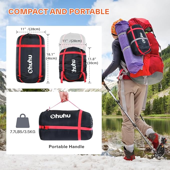 Ohuhu Double Sleeping Bag for Adults with 2 Pillows, Queen Size Two Person Sleeping Bag for Camping Hiking Backpacking 2 Person Sleeping Bags for Cold Weather & Warm