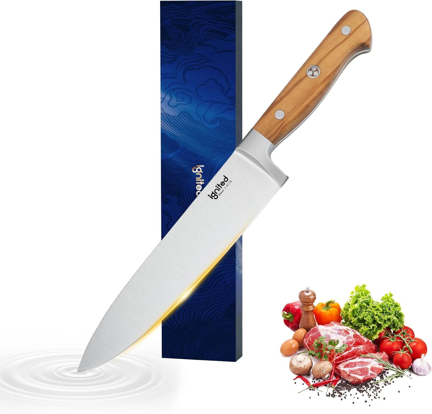 8 Inch Chef Knife, 1.4116 German High Carbon Steel Chef's Knife, Chefs Knife with Ergonomic Olive Wood Handle, Professional Full Tang Kitchen Knife with Gift Box
