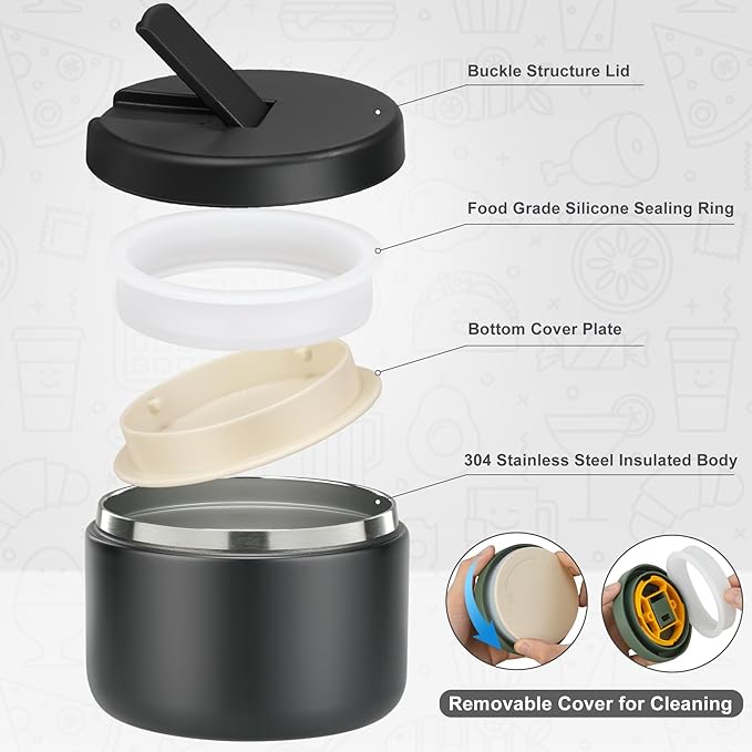 12oz Food Thermo for Hot Food Insulated Vacuum Soup Jar with Buckle Lid, Stainless Steel Wide Mouth Leak Proof Lunch Container