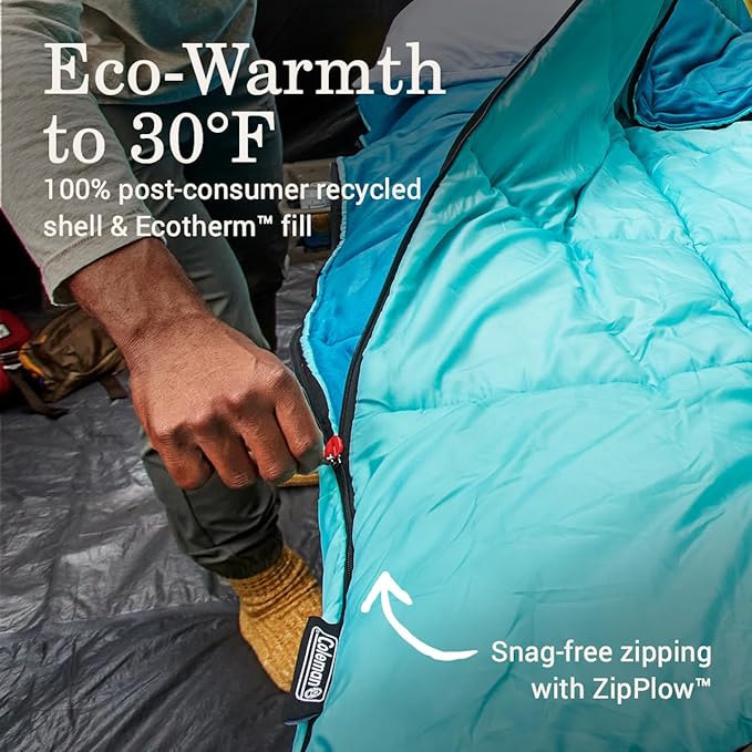 Coleman Flatlands Sleeping Bag, Made from 100% Recycled Material, Cool Weather Adult Sleep Sack