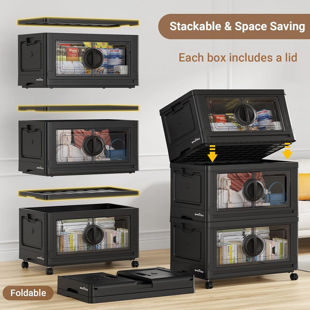 480Qt Lockable Stackable Storage Bins with Lids, Closet Organizers and Storage Drawer, Collapsible Storage Bin with Wheels, Plastic Cabinet for Toy Clothes Dorm Organizer, V9 4 Pack Black