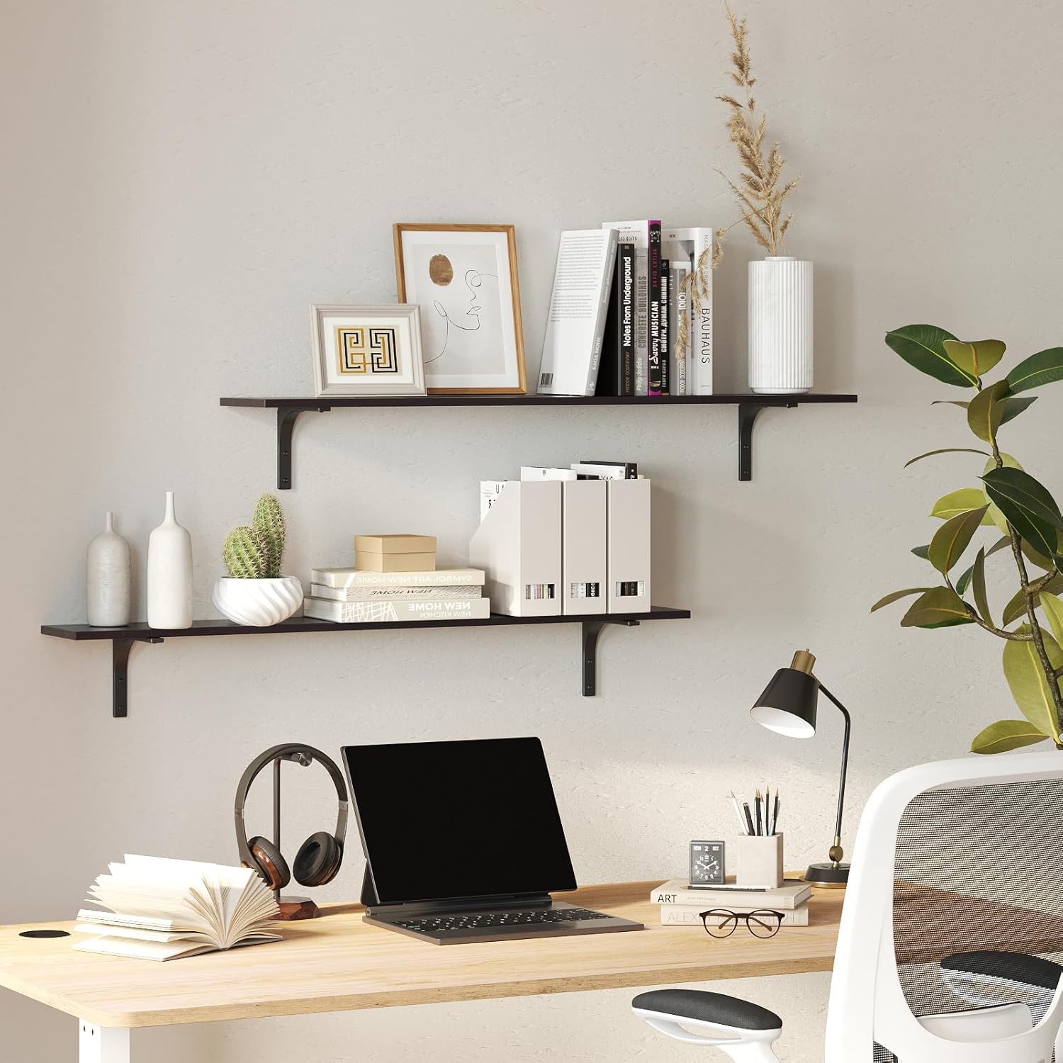 DINZI LVJ Long Wall Shelves, 47.3Inch Wall Mounted Shelves Set of 2, Extra Large Wall Storage Ledges with Sturdy Metal Brackets for Living Room, Bathroom, Bedroom, Kitchen, Espresso