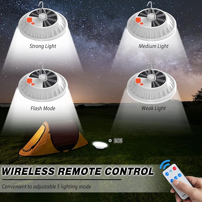 2-Pack Solar Camping Lantern DIBMS LED Portable Solar USB Rechargeable Flashlight Waterproof Lights w/ Remote Emergency Power Bank for Camping Hurricanes Power Outages Homes Indoor Outdoor