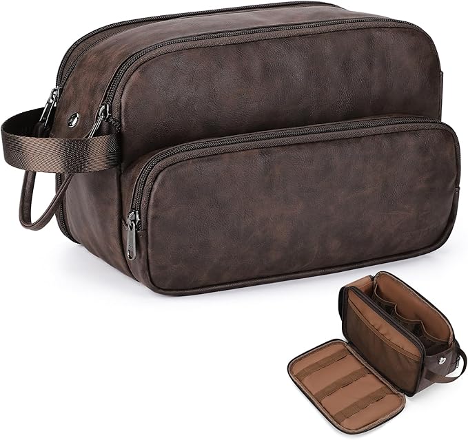Toiletry Bag for Men, Travel Toiletry Bag Travel Essentials, Dopp Kit Water-resistant Shaving Bag, Bathroom Bag Toiletries Organizer, Dark Brown(PU Leather)