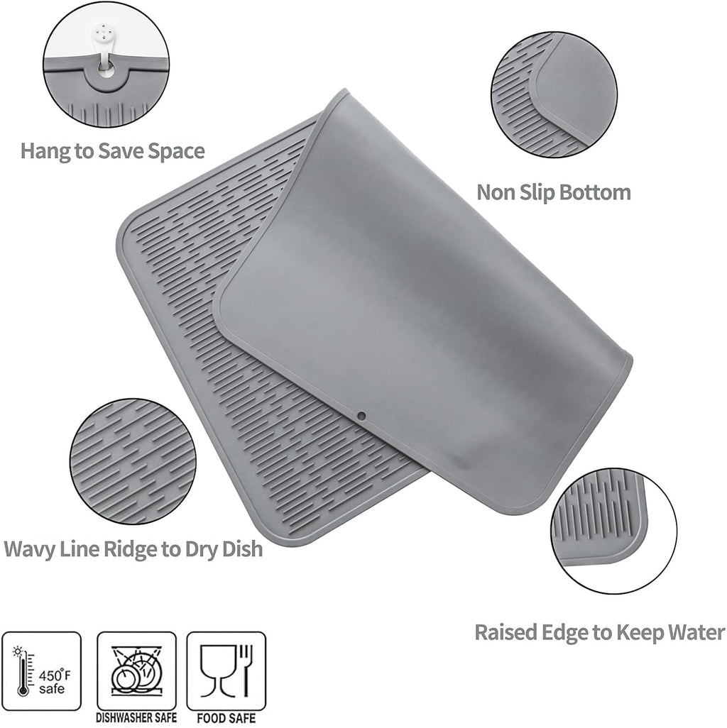 Silicone Dish Drying Mat for Multiple Usage,Easy clean,Eco-friendly,Heat-resistant Silicone Mat for Kitchen Counter or Sink,Refrigerator or Drawer Liner Grey 3XL 28 inches x 18 inches
