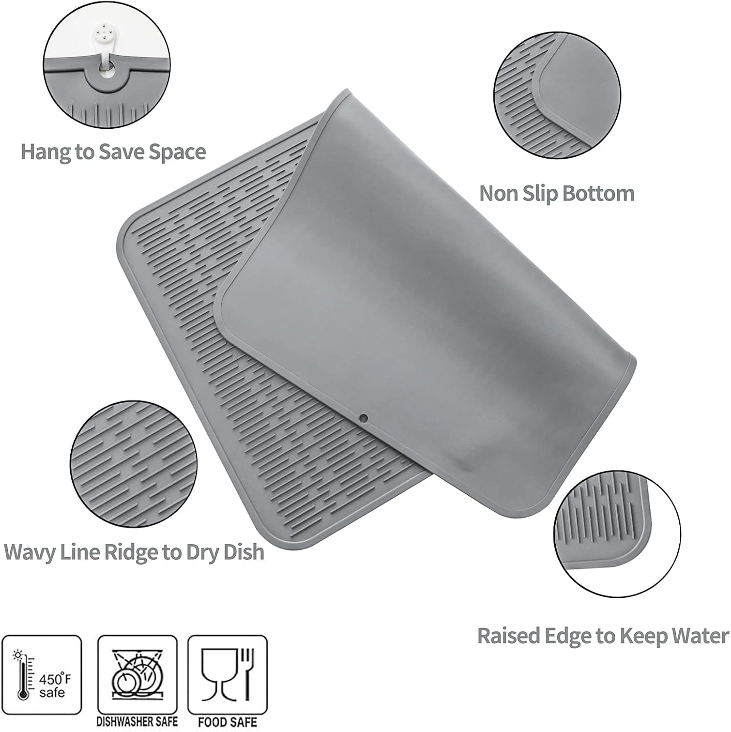 Silicone Dish Drying Mat for Multiple Usage,Easy clean,Eco-friendly,Heat-resistant Silicone Mat for Kitchen Counter or Sink,Refrigerator or Drawer Liner Grey 3XL 28 inches x 18 inches