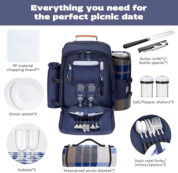 24L Insulated Picnic Basket Leak Proof Picnic Backpack for 2, Blue Camping Gifts, Cool Bridal Shower Gifts for Bride and Groom, Mr and Mrs, Anniversary Engagement Wedding for Newly Engaged Couples