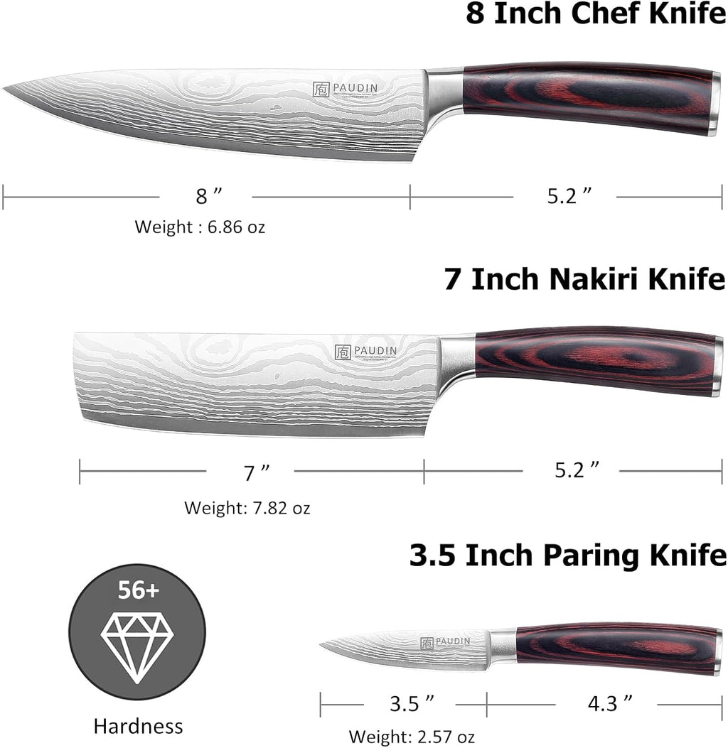 PAUDIN Kitchen Knife Set, 3 Piece High Carbon Stainless Steel Professional Chef Knife Set with Ultra Sharp Blade & Wooden Handle (Kitchen Knife Set 3 Pcs)