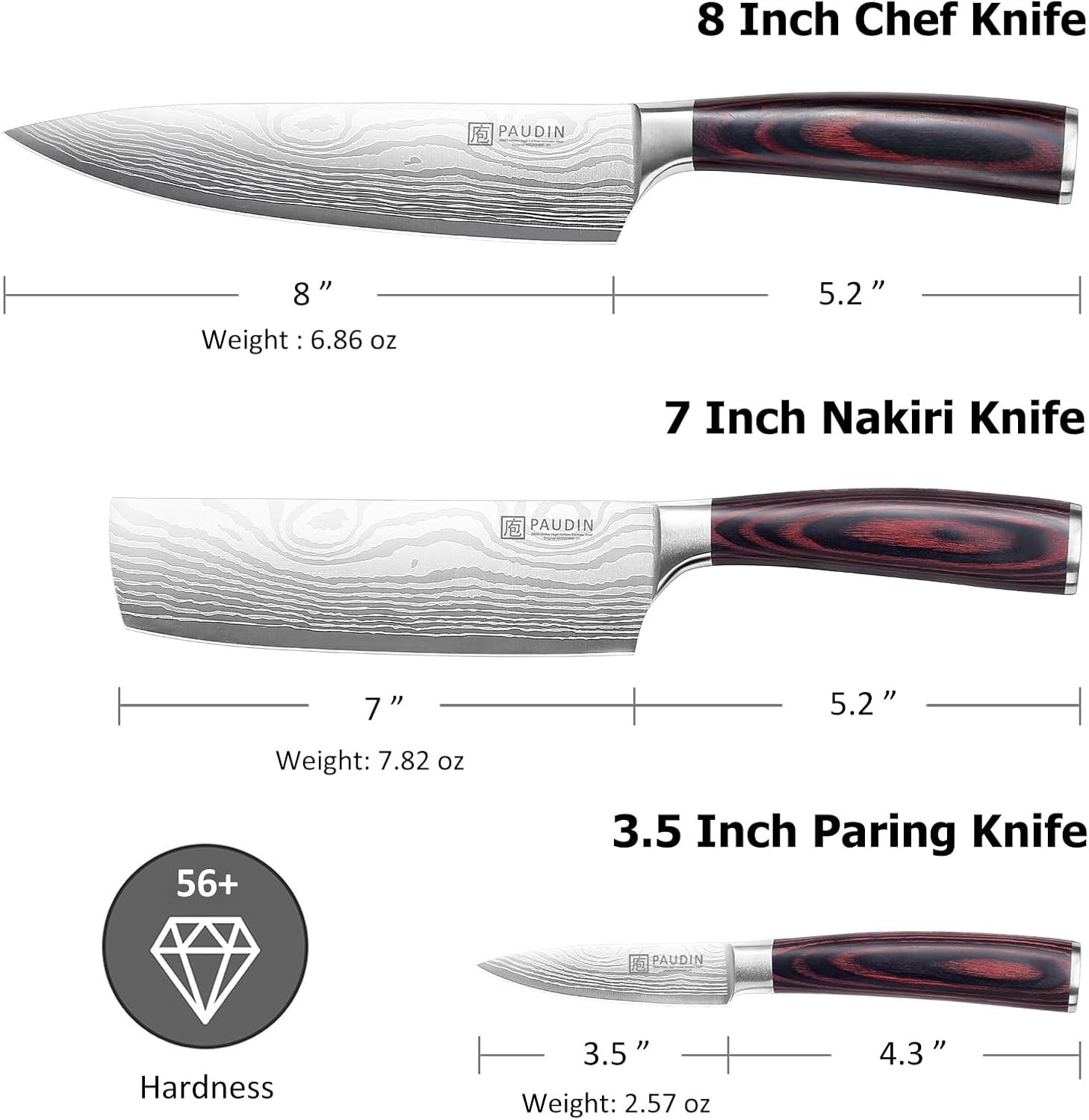 PAUDIN Kitchen Knife Set, 3 Piece High Carbon Stainless Steel Professional Chef Knife Set with Ultra Sharp Blade & Wooden Handle (Kitchen Knife Set 3 Pcs)