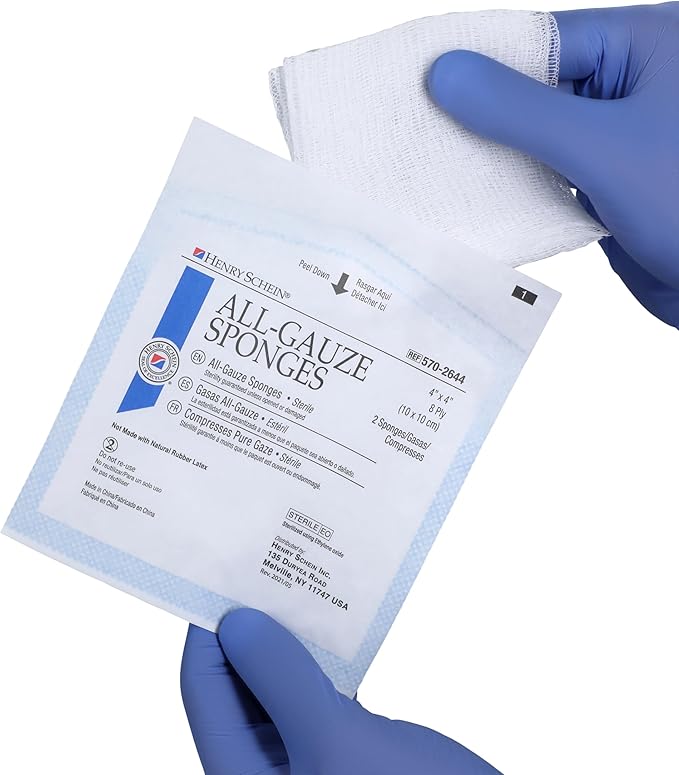 Premium 100% Cotton All-Gauze Sponge 4x4 8 Ply Sterile Square for Wound Care & Home First Aid Kits - 50/Box