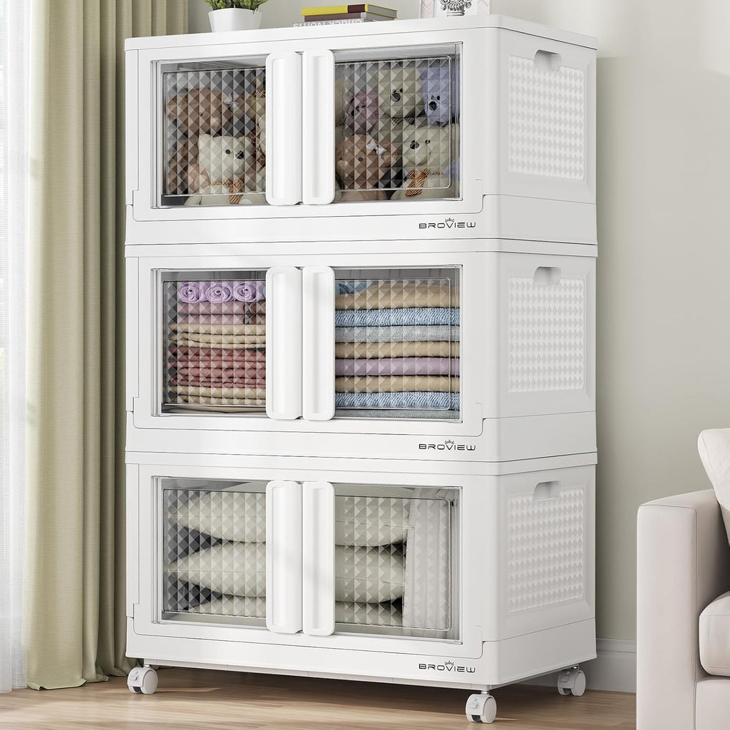 300Qt Stackable Storage Bins with Lids, 75Gal Closet Organizers and Storage Drawer, Plastic Collapsible Storage Bins with Doors, Heavy Duty Store Box Cabinet for Home Office, 3Pack White