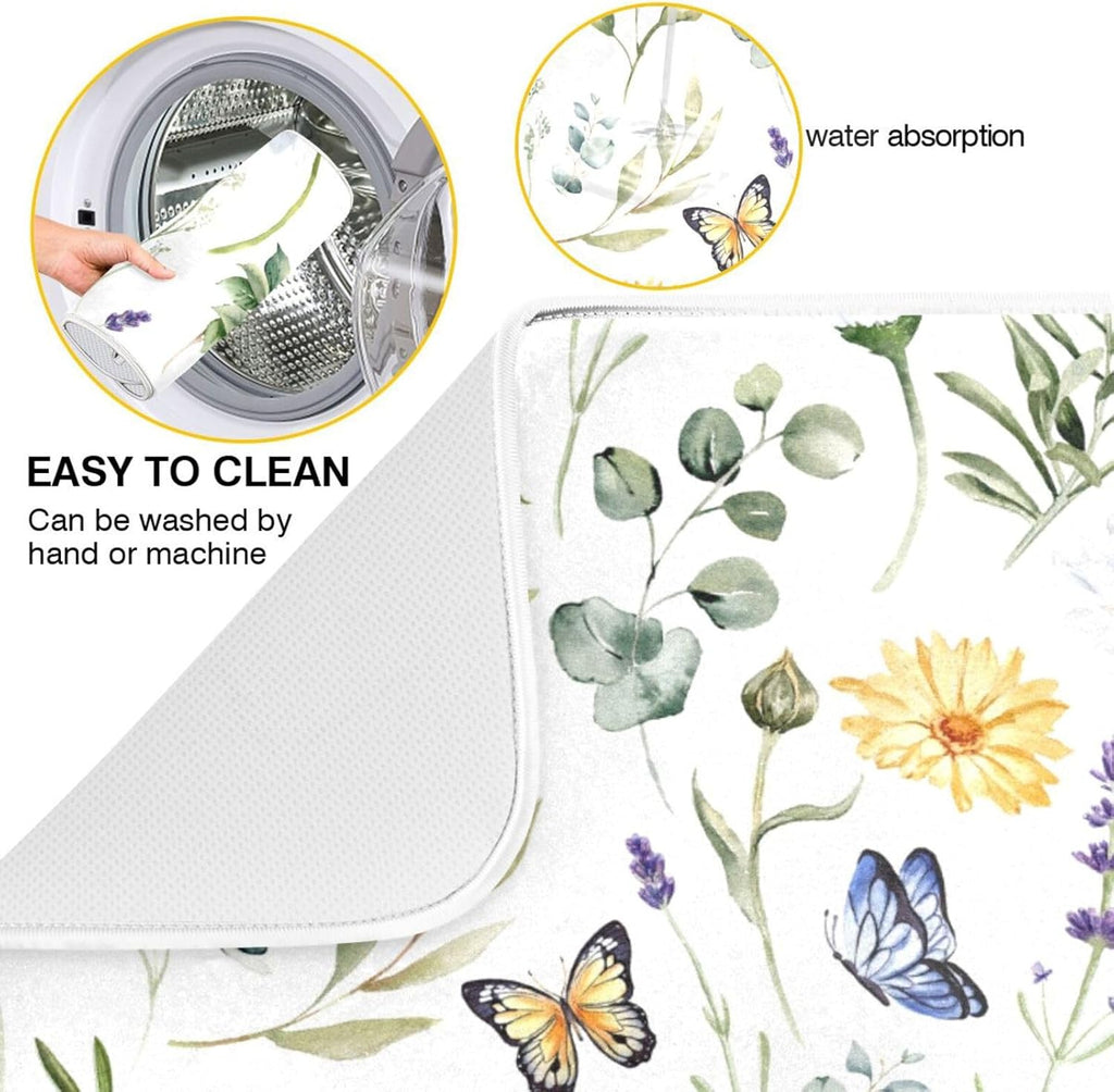 Wildflowers Butterflies Botanical Leaves Dish Drying Mat for Kitchen Counter Absorbent Microfiber Drying Pad, Medium 16x18 in, Reversible Drainer Mats