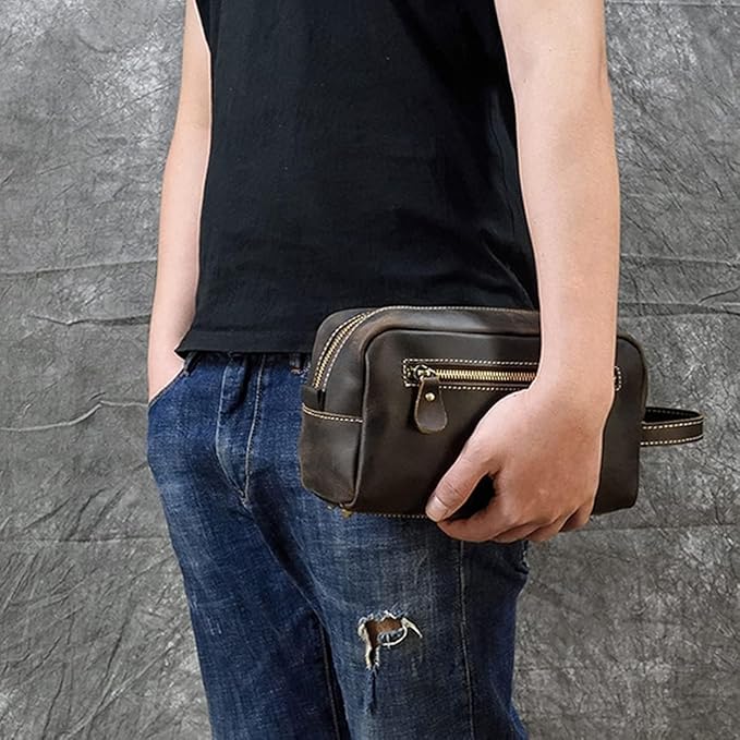 Genuine Leather Toiletry Bag for Men Travel Shaving Dopp Kit-Large Cosmetic Bags Toiletries Bathroom Organizer