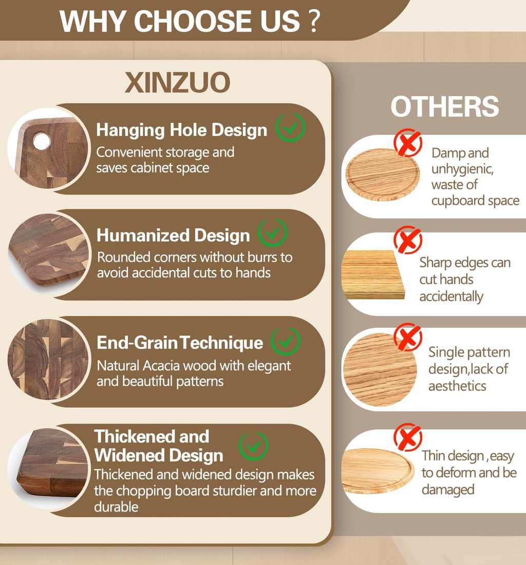 XINZUO Small Acacia Wood End-Grain Kitchen Cutting and Serving Board, for Kitchen, 14" x 9" Reversible Wooden Chopping Board for Meat, Cheese, Fruit & Vegetables,Easy to Clean(Rectangular)