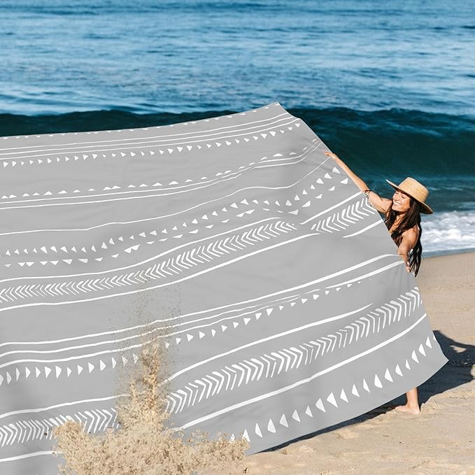 110''×118'' Extra Large Beach Blanket for 8 Adults, Outdoor Beach Mat Sand Free Waterproof with 4 Stakes & 4 Corner Pockets, Polyester Lightweight Foldable Grey Picnic Mat for Travel, Camping, Hiking