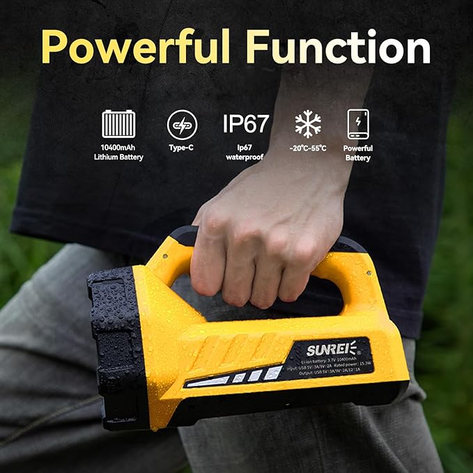 SUNREI Rechargeable LED 1200LM Flashlight, 8 Light Modes Portable Camping Lantern, 10400mAh Power Bank, IP67 Waterproof for Emergencies Power Outages, Hurricane Emergency, Hiking, Home, etc