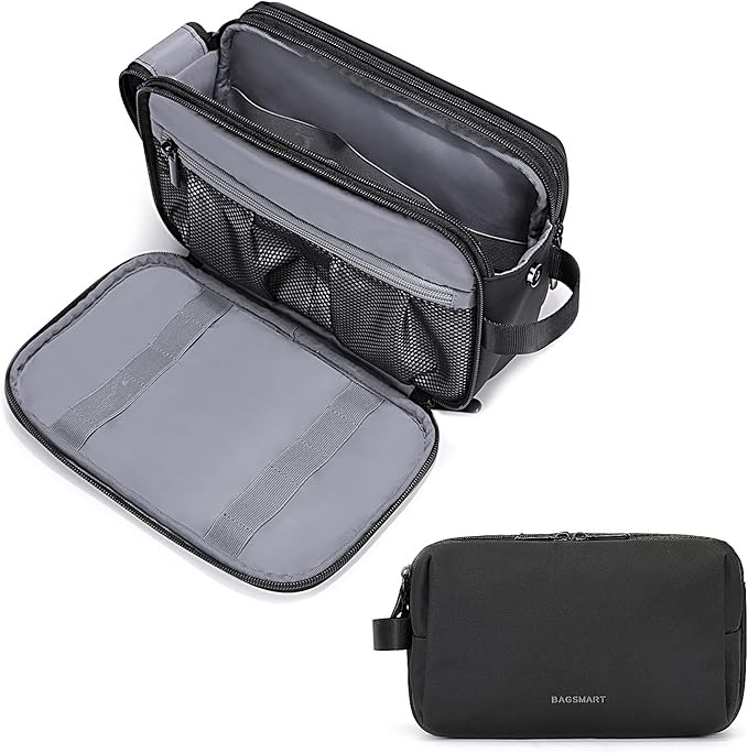 BAGSMART Toiletry Bag for Men, Travel Toiletry Organizer Dopp Kit Water-resistant Shaving Bag for Toiletries Accessories, Door Room Essentials,Black-large