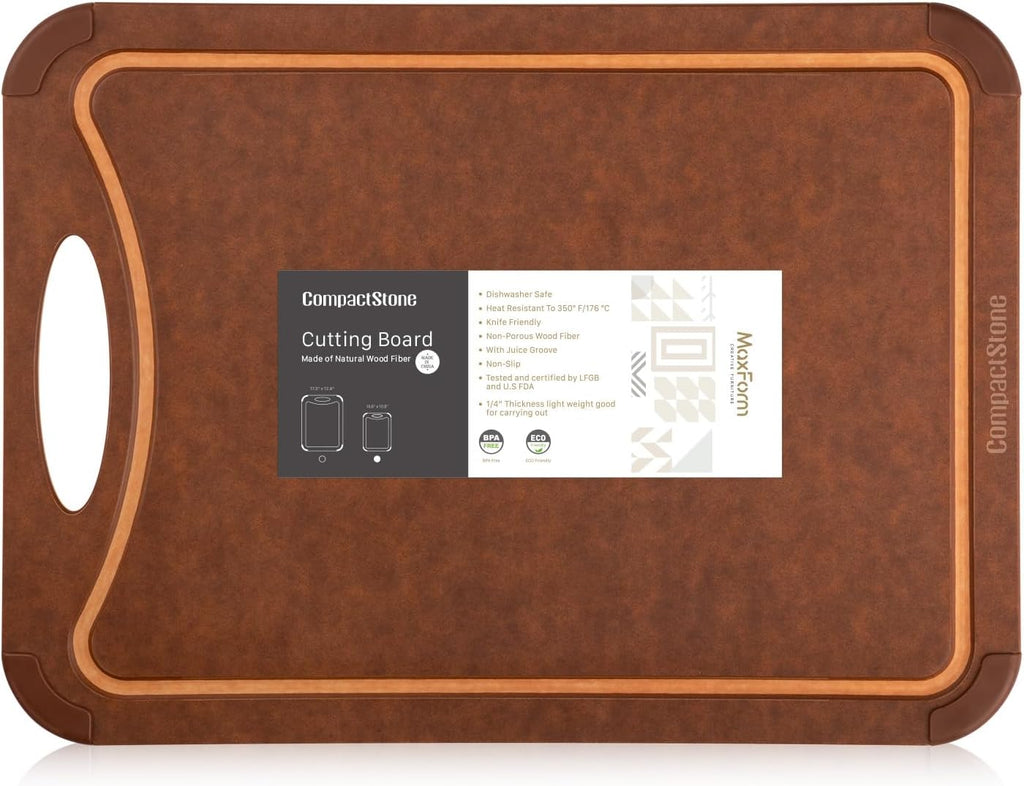 Cutting Board with Non-Slip Feet and Juice Groove for Kitchen, Wood Fiber Composite, 14.6-Inch by 10.8-Inch, Brown