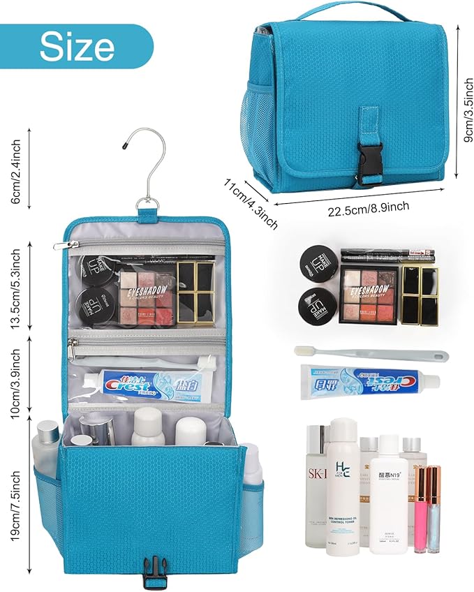 Relavel Hanging Toiletry Bag for Women and Men, Small Travel Bag for Girls Compact Size with Multiple Compartments Waterproof Travel Kit Wash Bag Makeup Storage Organizer Gym Shower Bag Blue