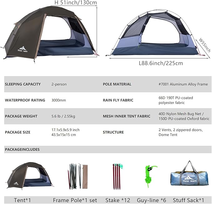 ThreeBears 2-Person Camping Tent, Waterproof & Windproof Lightweight Backpacking Tent for Hiking, Camping, Mountaineering & Travel - Durable & Easy Setup