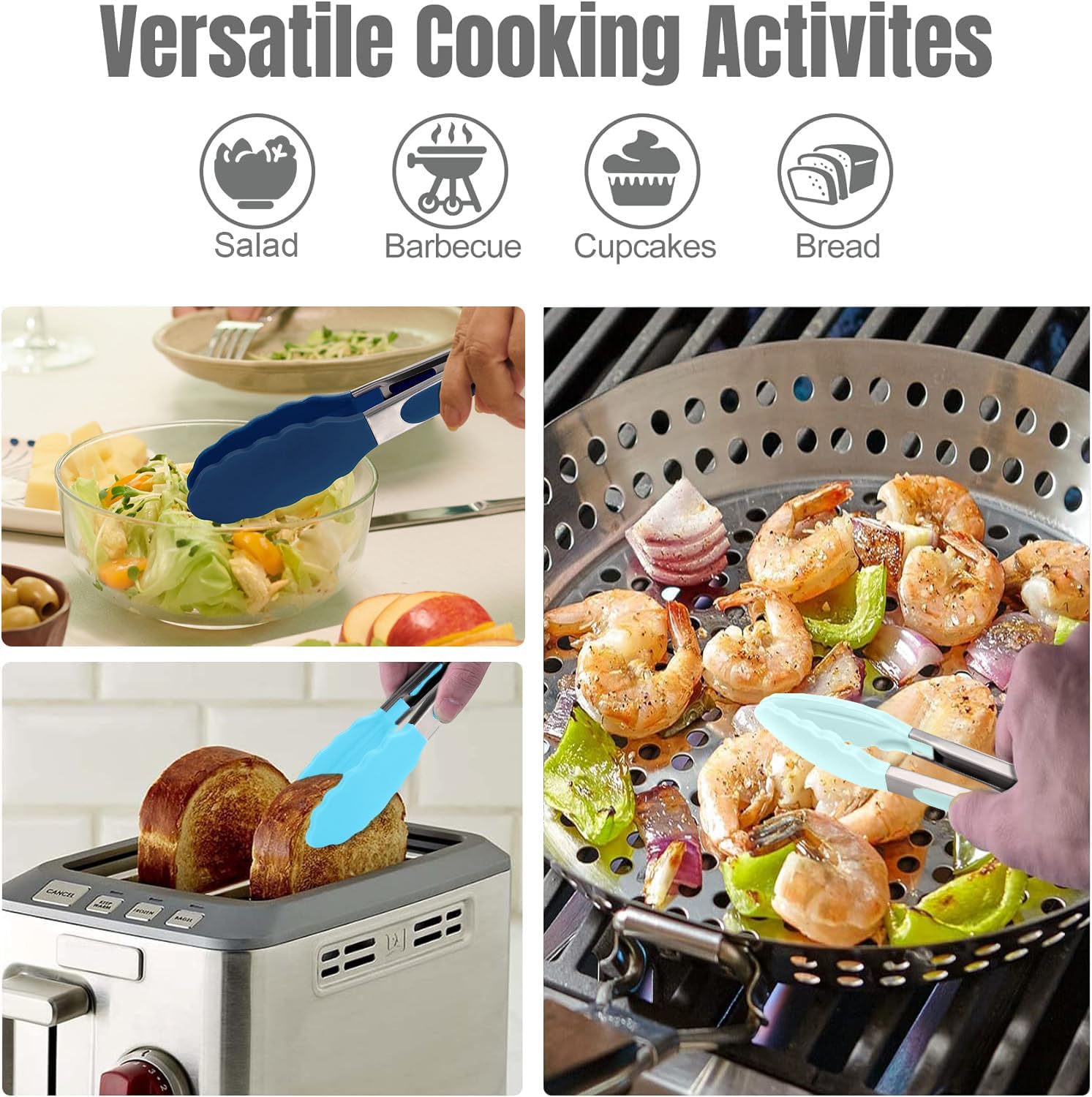 Hotec Silicone Kitchen Tongs for Cooking 9-Inch Serving Tongs with Silicone Tips, Set of 3 (Gradient Blue)