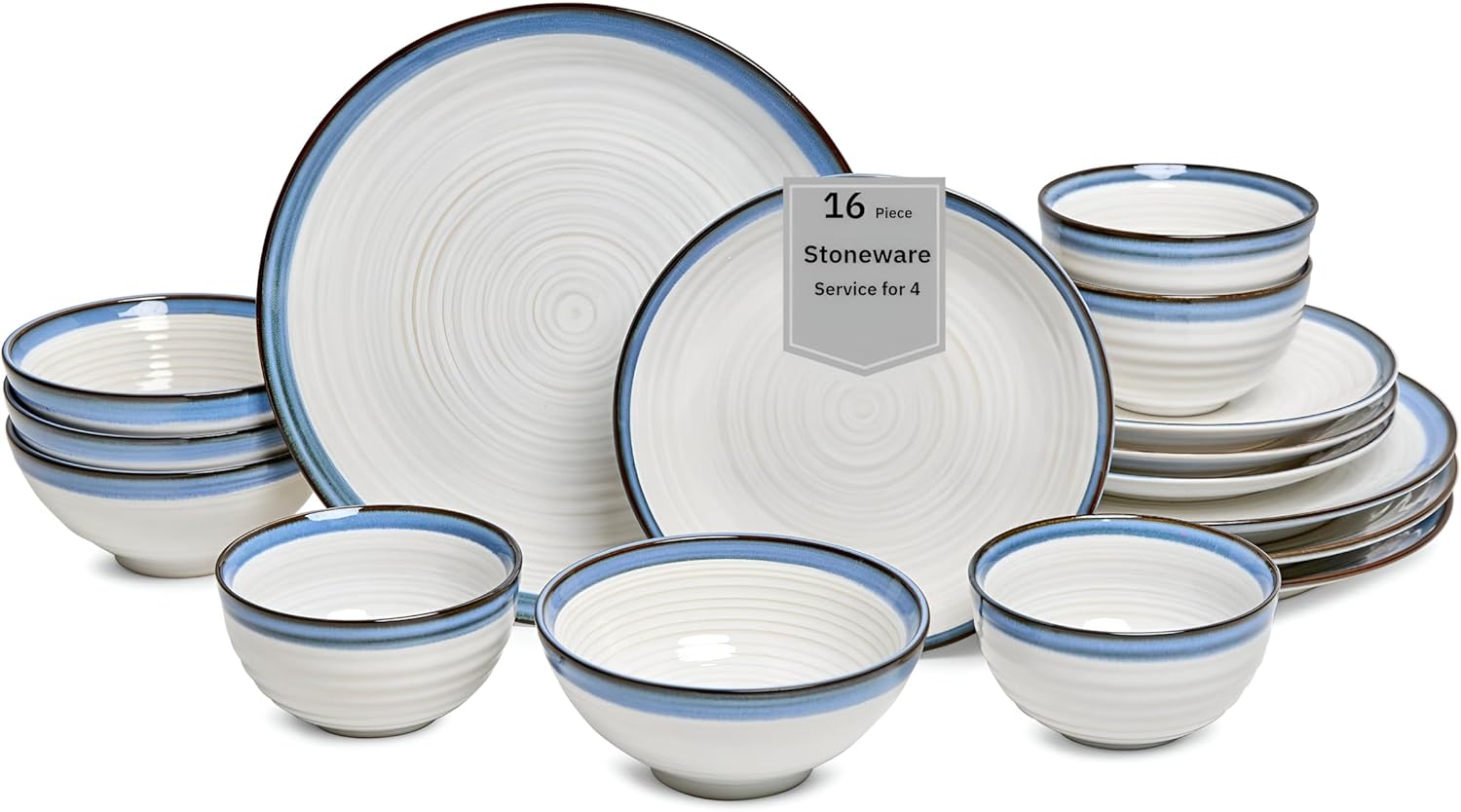 Sango Siterra Santorini 16-Piece White Stoneware Dinnerware Set – Service for 4, Plate & Bowl Set, Rustic White with Reactive Blue Glaze, for Daily Dining & Entertainment, Microwave & Dishwasher Safe
