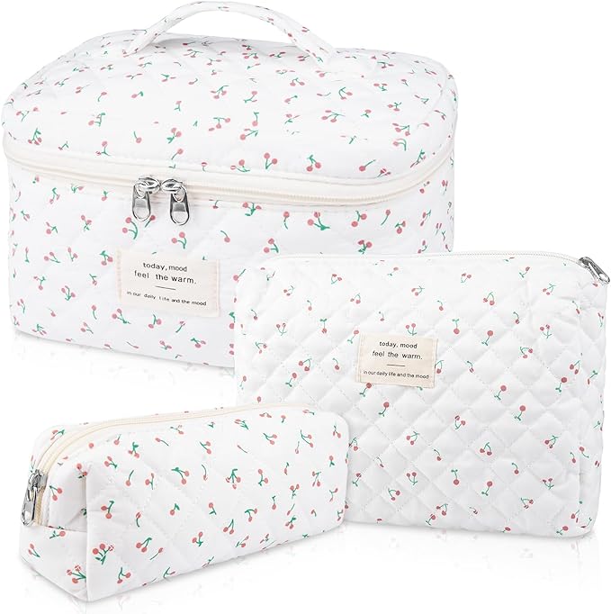 Large Makeup Bag Set, Quilted Makeup Bag, Floral Cosmetic Bag for Women, Cute Cotton Makeup Bags, Flower Travel Toiletry Organizer Bag (white)