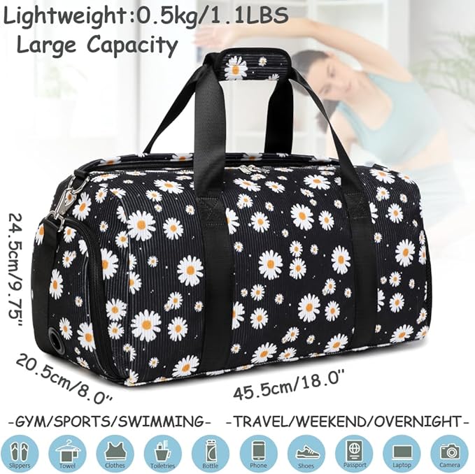 Dance Bag for Girls Gym Bag Sports Duffle Bag with Shoes Compartment Wet Pocket Weekender Overnight Bag for Girls Women Teens Corduroy Daisy Travel Duffle Bag