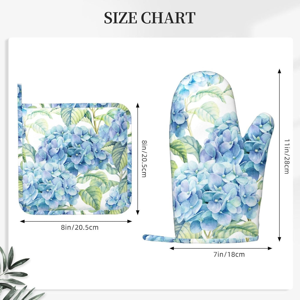 Blue Hydrangea Flowers Watercolor Oven Mitts Pot Holders Set Silicone Kitchen Oven Mitts Heat Resistant Potholders Non-Slip 4pcs Hot Pads and Oven Gloves Sets for Baking,Cooking,BBQ,Grilling