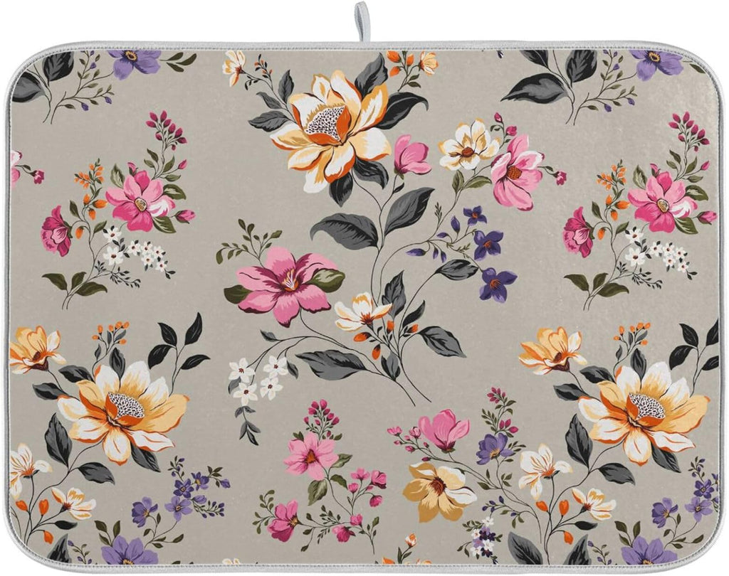 Vintage Flowers Leaves Dish Drying Mat for Kitchen Counter Absorbent Microfiber Drying Pad, Medium 16x18 in, Reversible Drainer Mats